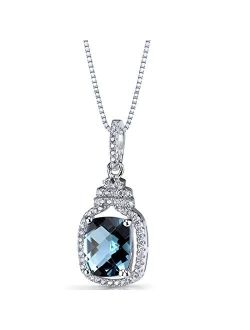 London Blue Topaz Halo Crown Pendant Necklace for Women 925 Sterling Silver, Natural Gemstone Birthstone, 3.25 Carats Cushion Cut 10x8mm, with 18 inch Chain