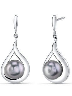 Freshwater Cultured Grey Pearl Dangle Earrings in Sterling Silver, Open Raindrop Design, 8mm Round Button Shape, Friction Backs
