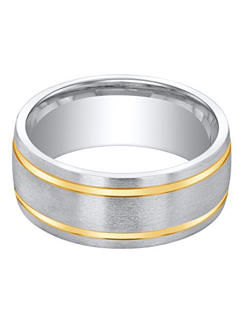 Peora Men's Two-Tone Classic Sterling Silver Wedding Ring Band, Brushed Matte, 8mm, Comfort Fit, Sizes 8 to 14