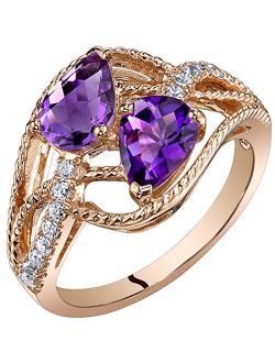 Amethyst Two-Stone Ring for Women 14K Rose Gold, Natural Gemstone, 1.25 Carats total Pear Shape, Sizes 5 to 9