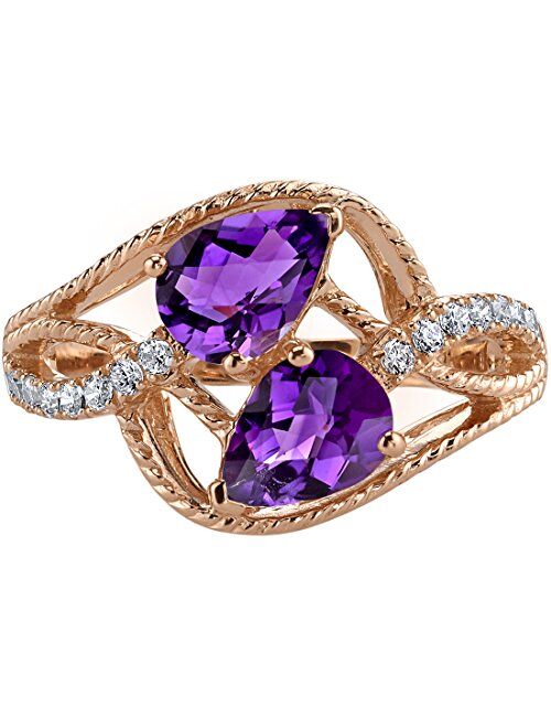 Peora Amethyst Two-Stone Ring for Women 14K Rose Gold, Natural Gemstone, 1.25 Carats total Pear Shape, Sizes 5 to 9