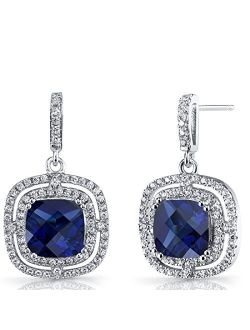 Created Blue Sapphire Dangle Earrings in Sterling Silver, 6 Carats total Cushion Cut 8mm, Double Halo, Friction Backs