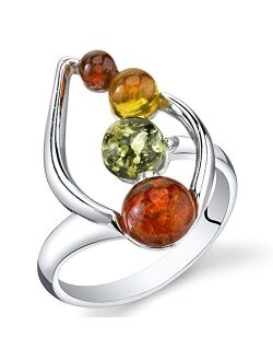 Genuine Baltic Amber Open Leaf Ring for Women 925 Sterling Silver, Rich Cognac, Olive Green, Honey Yellow Colors, Sizes 5 to 9