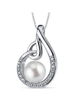 Freshwater Cultured White Pearl Teardrop Knot Pendant Necklace in Sterling Silver, 8mm Round Button Shape, with 18 inch Chain