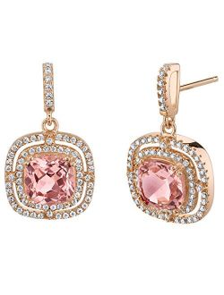 Simulated Morganite Earrings for Women in Rose Gold-Tone Sterling Silver, 6 Carats total Cushion Cut, Designer Double Halo, Friction Backs