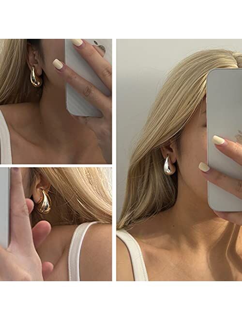Apsvo Chunky Gold Hoop Earrings for Women, Lightweight Waterdrop Hollow Open Hoops, Hypoallergenic Gold Plated Earrings Fashion Jewelry for Women Girls