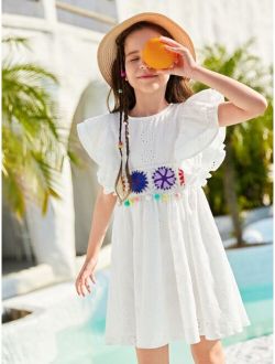 Girls Floral Embroidery Ruffle Trim Smock Dress