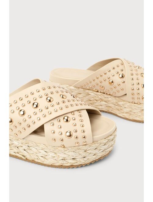 Shu Shop Kaia Beige Studded Espadrille Flatform Slide Sandals