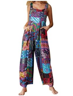 Himosyber Women's Patchwork Dual Pocket Jumpsuit Loose Floral Print Bohemian Wide Leg Bib Overall