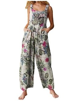 Himosyber Women's Patchwork Dual Pocket Jumpsuit Loose Floral Print Bohemian Wide Leg Bib Overall