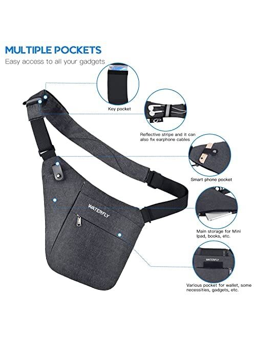 WATERFLY Sling Crossbody Chest Bag: Slim Anti-Theft Cross Body Bag Over Shoulder Backpack Stealth Side Pack Man Woman