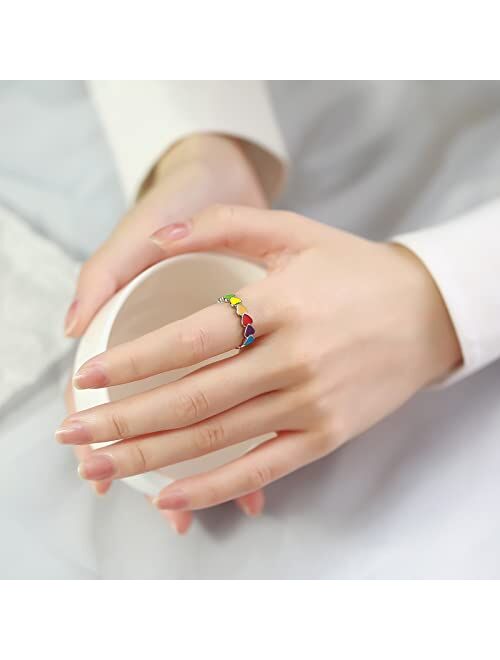 MPRAINBOW Enamel Rainbow LGBT Pride Ring 5mm Star Heart to Heart Rainbow Lesbian & Gay Rings, Stainless Steel Love Heart LGBTQ Pride Rings Jewelry