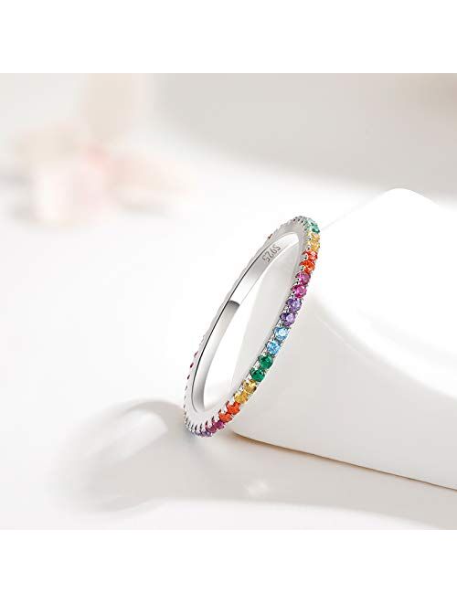 Qings 925 Sterling Silver Colorful Ring, Colorful CZ Simulated Diamond Band Ring for Anniversary Promise Wedding Engagement, Jewellery Gifts for Women Girls Ladies
