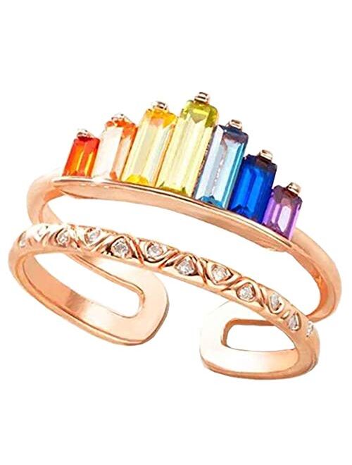 COSTWAY Rainbow Ring Double Band, Adjustable Wide Band Stacking Rainbow Rings for Women, Adjustable Opening