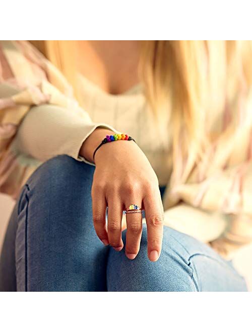 COSTWAY Rainbow Ring Double Band, Adjustable Wide Band Stacking Rainbow Rings for Women, Adjustable Opening