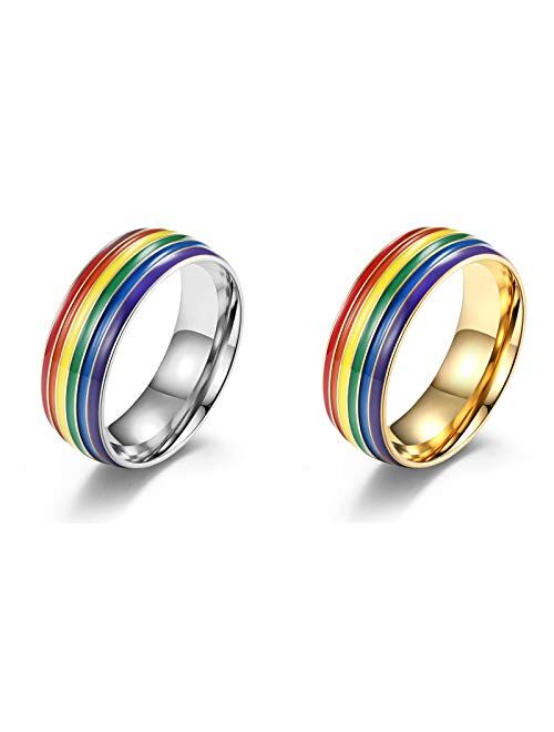Caiyao 2 Pcs Rainbow Pride Ring Two-Tone Rainbow Inlay Lover Wedding Engagement Bands 8mm Width Stainless Steel Pride Parade Rainbow Ring Promise Couples Rings for Women 