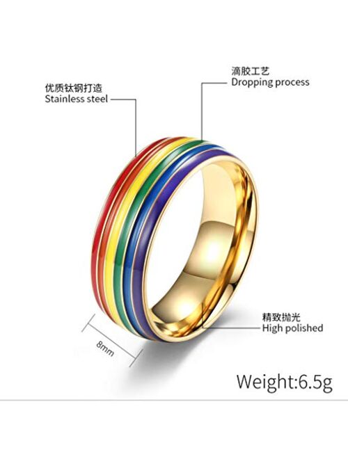 Caiyao 2 Pcs Rainbow Pride Ring Two-Tone Rainbow Inlay Lover Wedding Engagement Bands 8mm Width Stainless Steel Pride Parade Rainbow Ring Promise Couples Rings for Women 