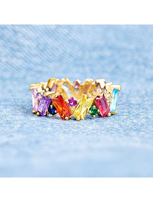 STORYJEWELLERY Story Jewellery Rainbow Ring for Women, Gold Plated Rainbow Eternity Ring, Baguette Rainbow Ring, Rainbow Jewelry Gifts for Women