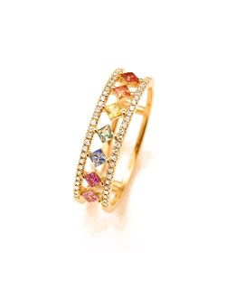 Caiyao 14K Gold Plated Multicolor Rainbow Colorful Chakra Square Cubic Zirconia Finger Ring for Women Girl Anniversary Birthday Jewelry Gift