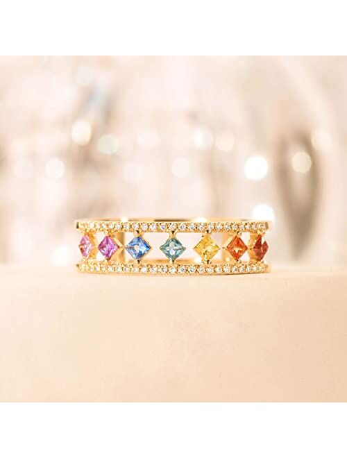 Caiyao 14K Gold Plated Multicolor Rainbow Colorful Chakra Square Cubic Zirconia Finger Ring for Women Girl Anniversary Birthday Jewelry Gift