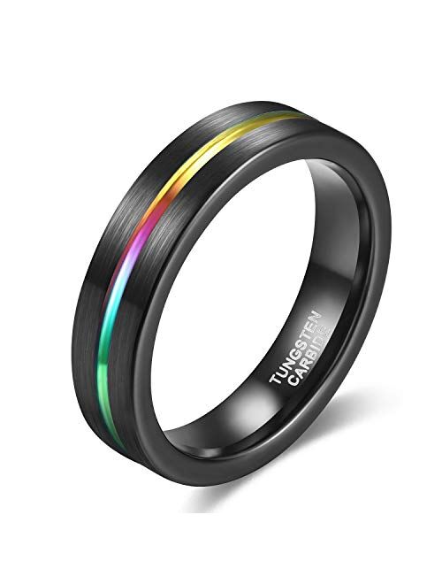 SHINYSO 5mm 7mm Tungsten Carbide Rainbow Rings Centre Groove Wedding Band for Men Women Matte Finish Comfort Fit Size 4-12