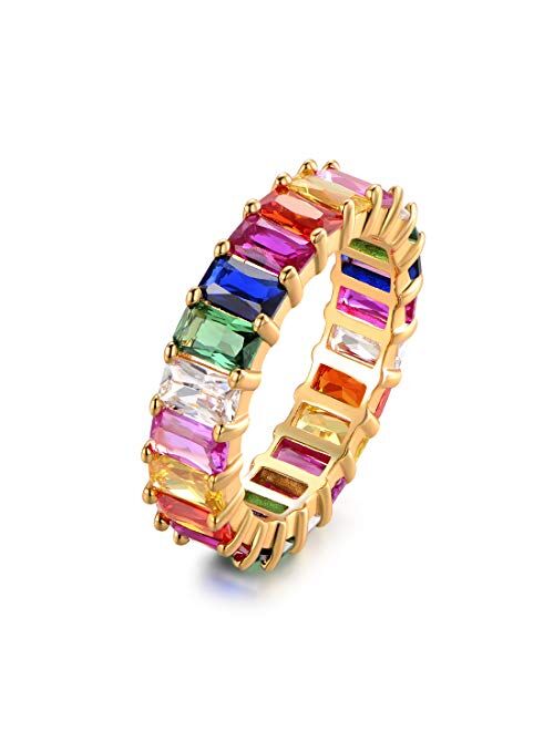 Barzel Eternity Rainbow Ring Wedding Band for Women | 18K Gold Plated Emerald-Cut Rainbow Multi Color Created-Gemstone Eternity Ring
