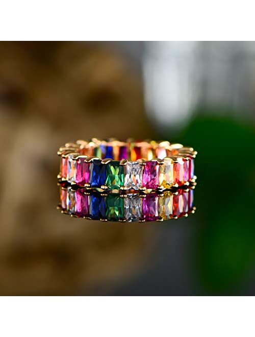 Barzel Eternity Rainbow Ring Wedding Band for Women | 18K Gold Plated Emerald-Cut Rainbow Multi Color Created-Gemstone Eternity Ring