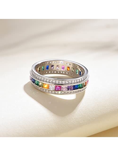 Silvateam Sterling Silver Rainbow Ring Colorful Personality CZ Silver Ring for Women Girls