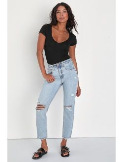 Chicly Modern Light Wash Distressed High-Rise Straight Leg Jeans