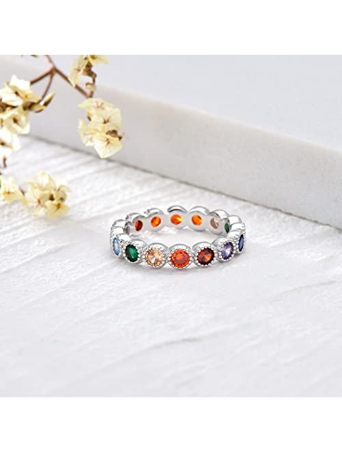 Mbsuuh Chakra Ring 925 Sterling Silver 7 Colorful Chakra Rainbow Ring for Women