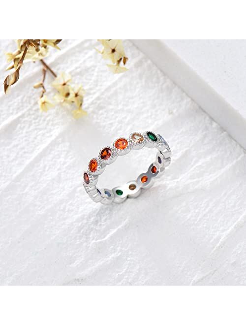 Mbsuuh Chakra Ring 925 Sterling Silver 7 Colorful Chakra Rainbow Ring for Women
