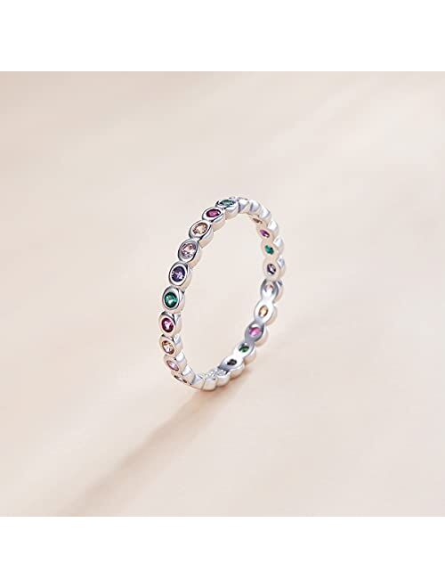 BISAER 925 Sterling Silver Fashion Stackable Rings for Women Colorful Cubic Zirconia Stacking Eternity Ring Rainbow Jewelry Gifts