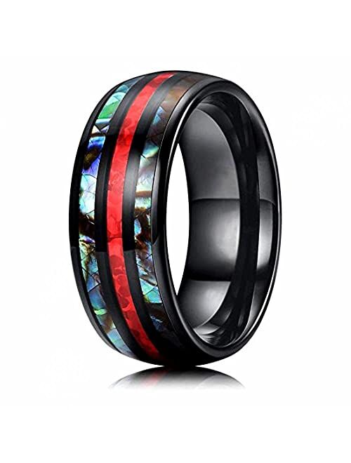 Generic Black 8Mm Stainless Steel Fill Red Fire Imitation Opal Rainbow Abalone Shell Inlay Ring Best Gifts For Men Wedding Bands Jewelry