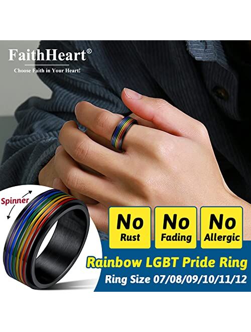 FaithHeart LGBT Pride Rainbow Fidget Rings, Stainless Steel/18K Gold Plated Love is Love Jewelry for Men Women Personalized Customize