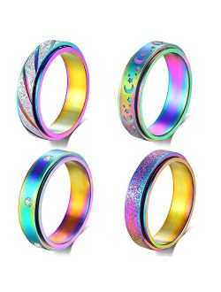 Hothink Anxiety Rings Fidget Rings for Women Spinner Rings for Teen Girls 4Pcs 6MM Rainbow Titanium Steel Rings Size 6-11