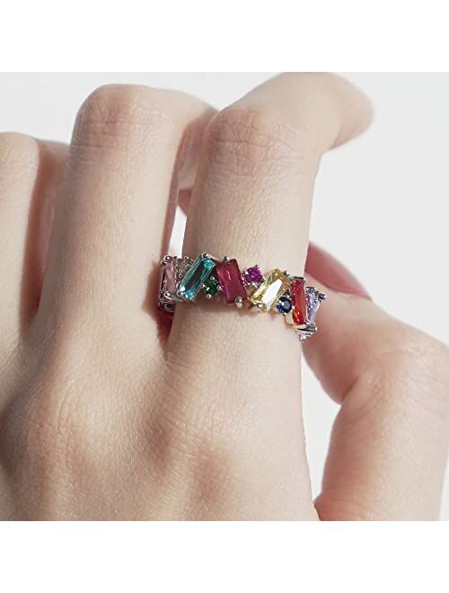 michooyel Eternity Rainbow Ring Band Ring for Women Girls Rhodium Plated Baguette Multicolor Cubic Zirconia Eternity Ring