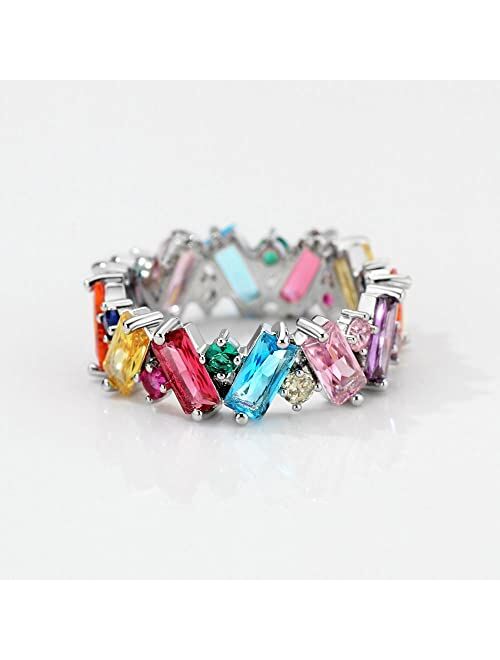 michooyel Eternity Rainbow Ring Band Ring for Women Girls Rhodium Plated Baguette Multicolor Cubic Zirconia Eternity Ring