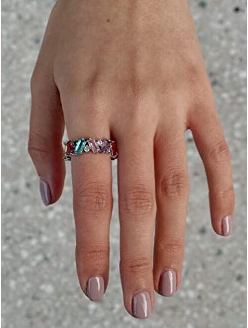 michooyel Eternity Rainbow Ring Band Ring for Women Girls Rhodium Plated Baguette Multicolor Cubic Zirconia Eternity Ring