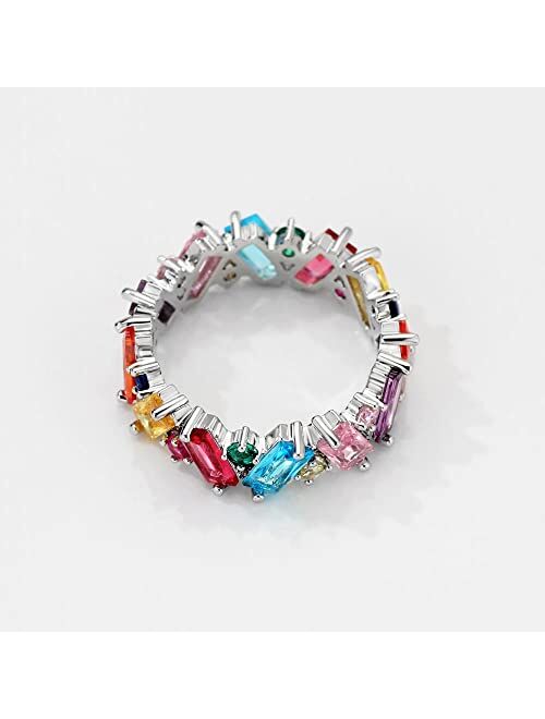 michooyel Eternity Rainbow Ring Band Ring for Women Girls Rhodium Plated Baguette Multicolor Cubic Zirconia Eternity Ring