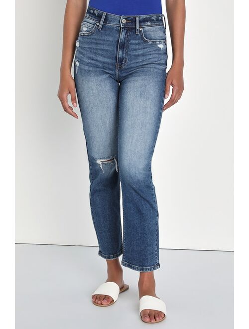 Lulus Olsen Medium Wash High Rise Distressed Straight Leg Jeans