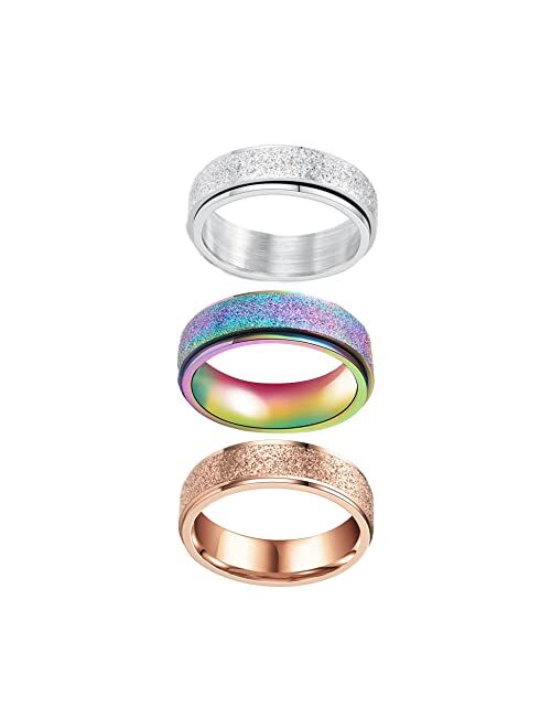 COLORFUL BLING Spinner Ring for Women Men Anxiety Relief 6MM Stainless Steel Gold Silver Black Rainbow Sand Blast Finish Fidget Ring Band Wedding Pormise Jewelry