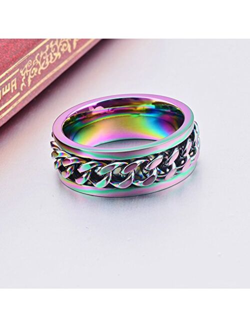 JAJAFOOK Jewelry 8mm Color Chain Design Stainless Steel Spins Rings for Mens & Womens Wedding Bands