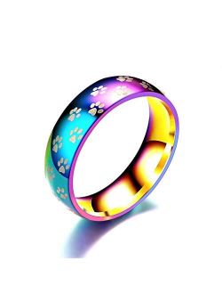 Ronliy Cute Dog Cat Paw Ring Beautiful Rainbow Pet Footprint Stainless Steel Finger Ring for Women Men Gift