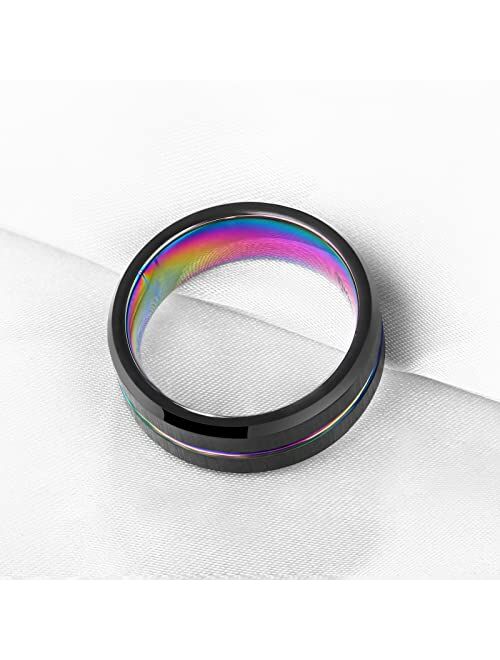 Sheloves Jewelry SHELOVES 8mm Tungsten Ring Black Brushed Rainbow Camo Center Groove Mens Wedding Band High Polish 7-13