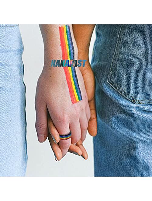 Nanafast LGBT Pride Ring Rainbow Flag Enamel Gay Lesbians Wedding Band 6mm/8mm/12mm Stainless Steel Spinner Ring for Men Women