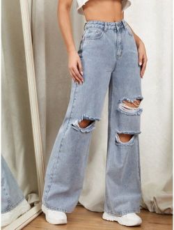 Zipper Fly Ripped Detail Wide Leg Jeans