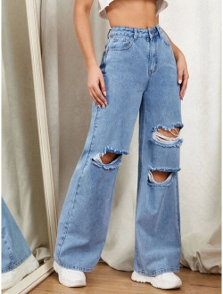 Zipper Fly Ripped Detail Wide Leg Jeans
