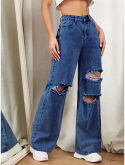 Zipper Fly Ripped Detail Wide Leg Jeans