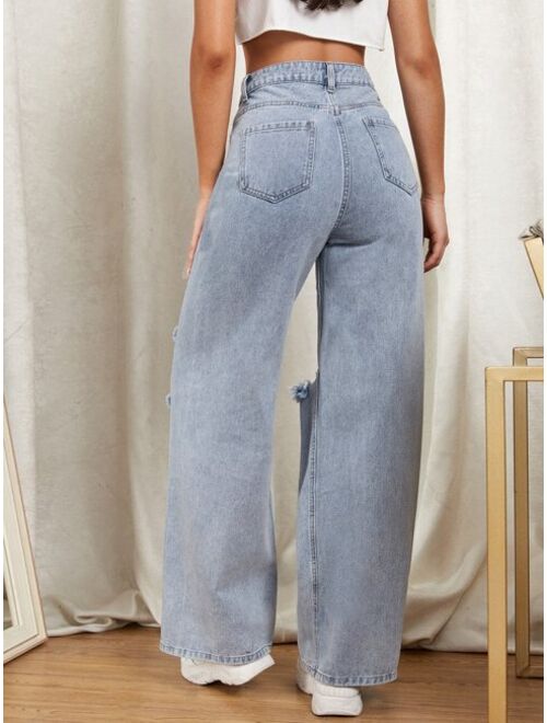 Shein Zipper Fly Ripped Detail Wide Leg Jeans