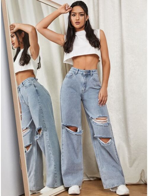 Shein Zipper Fly Ripped Detail Wide Leg Jeans